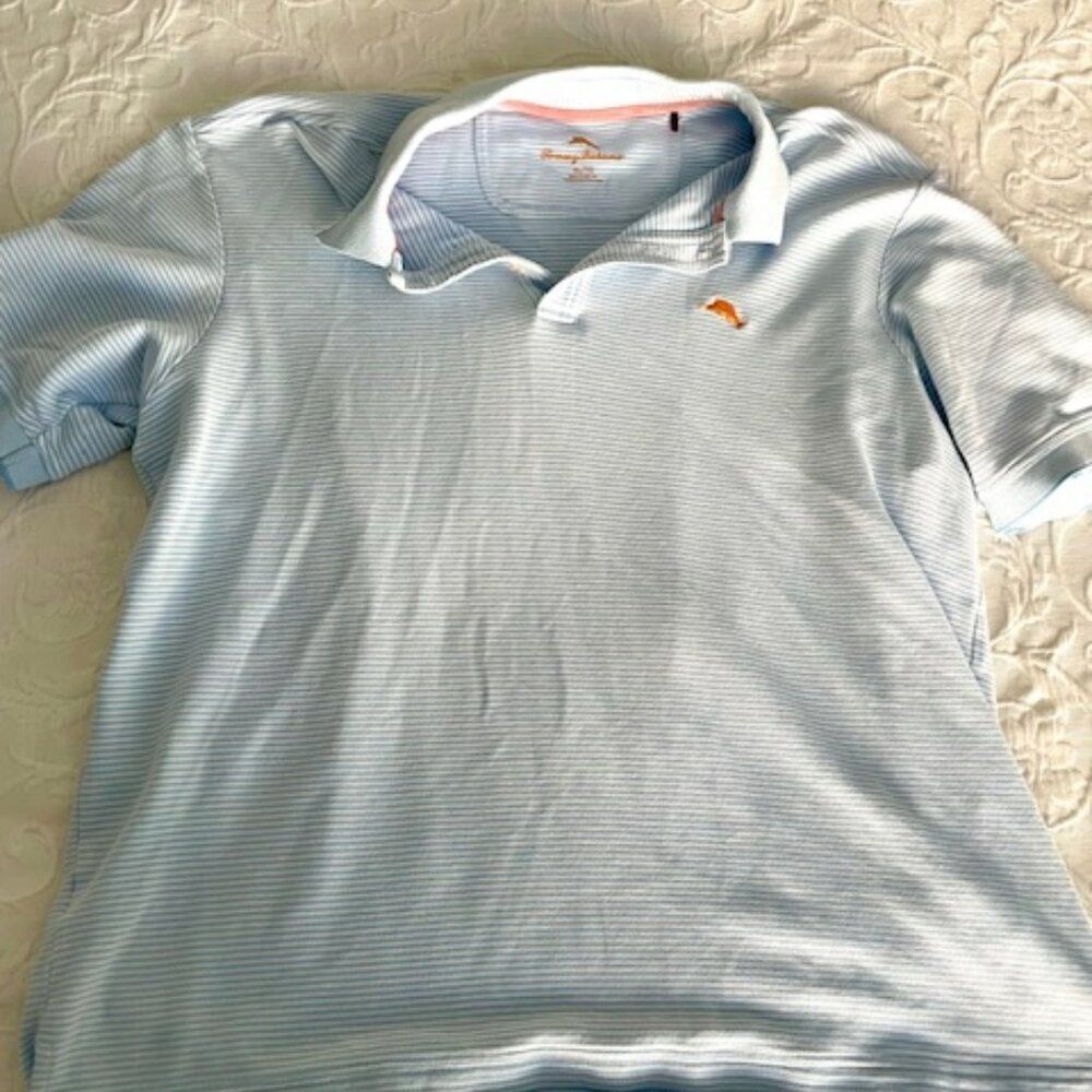 Tommy Bahama Baby Blue White Stripe Polo Golf Sport Fishing Shirt Top XL